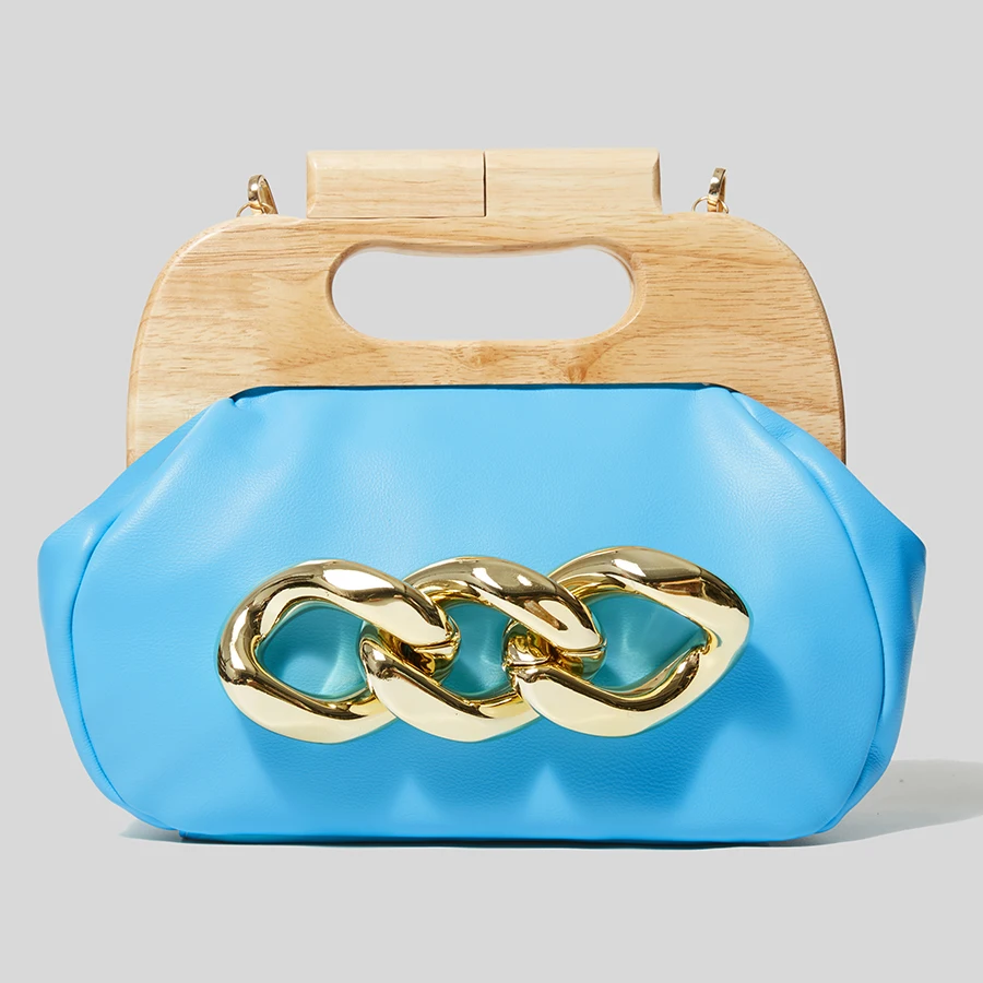 

Women's PU Wood Clip Handbags Acrylic Chain Shoulder Bags Retro Shell Evening Bag for Women Fashion Shopper Underarm Bag 2021