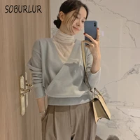 soburlur 2021 new basic all match sweater elegant korean tunics womens t shirts chic knitting crop tops woman clothing loose