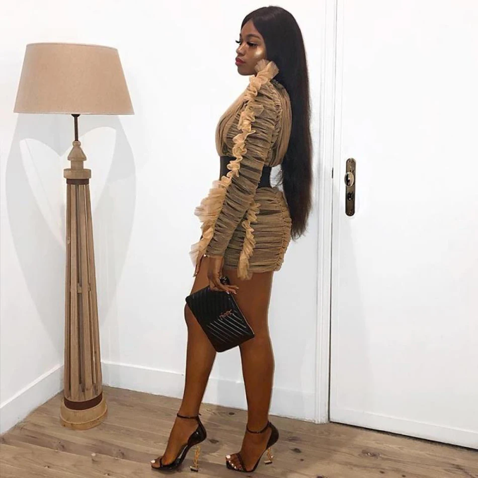 Плиссированное мини платье с поясом сексуальное женское 2018 зимнее Сетчатое