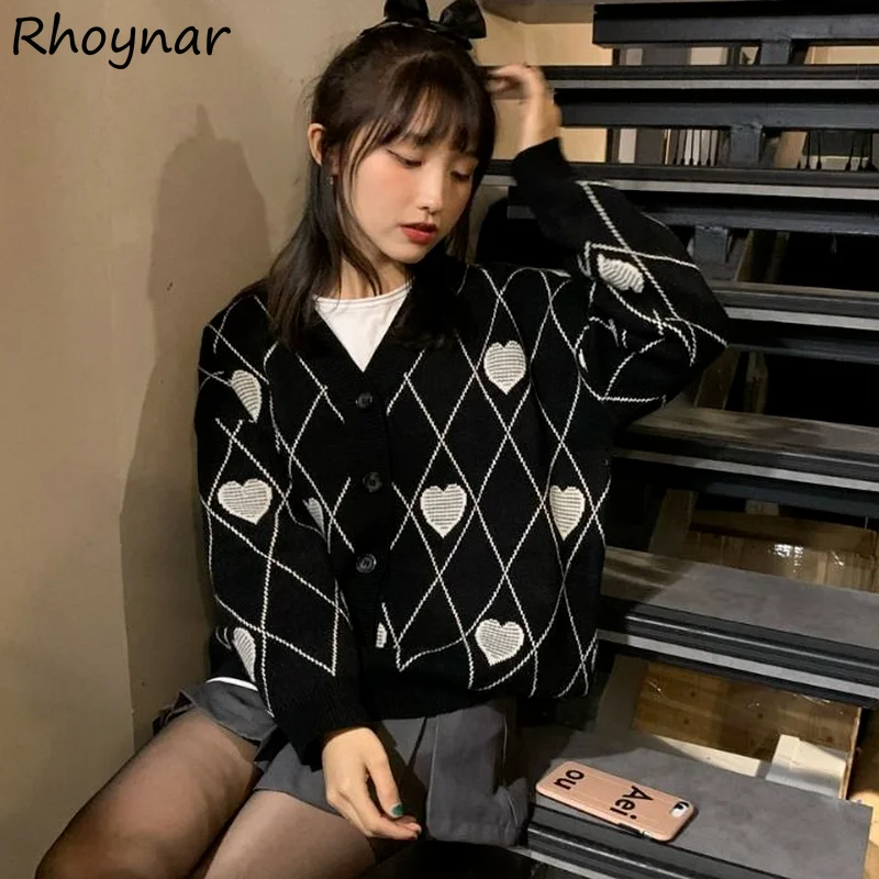 

Women Cardigan Long Sleeve Sweater Preppy Style Korean Casual V-neck Vintage Autumn Stylish Heart Loose Streetwear Femme New Ins