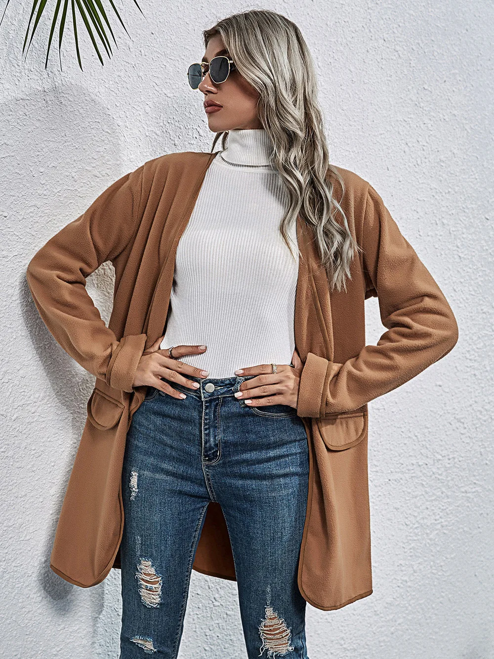 

Autumn Long Sleeve Cardigan Jacket Women Coat Overshirt Winter Solid Color Warp Female Turn Collar Woolen Coat For Female