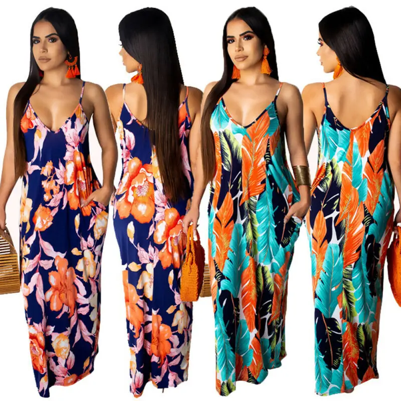 

2019 Newest Hot Women's Summer Boho Floral Long Maxi Evening Party Beach Dress Floral Sleeveless V Neck Sundress