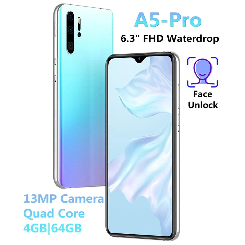 Мобильный телефон A5 Pro, 4 Гб ОЗУ, 64 Гб ПЗУ, 6,3 дюймов, 13 МП, 4800 мАч, MTK6580, распознавание лица, разблокированные смартфоны, ОС Android