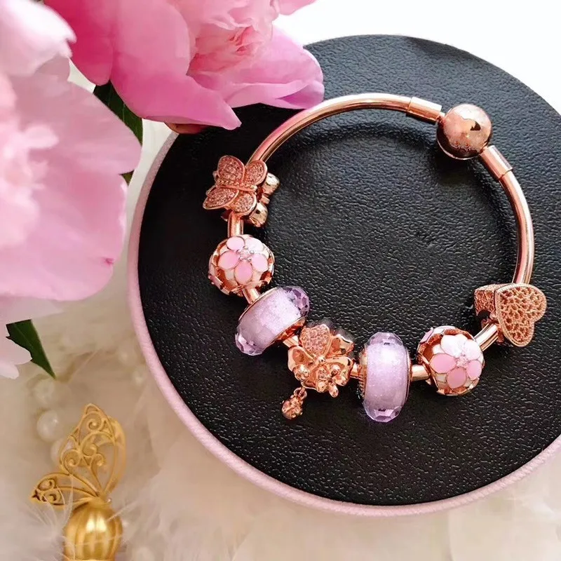 

100% 925 Sterling Silver Fashion Mulan And Rose Gold Butterfly Pan Beaded Set Bracelet For Women Wedding Party Fashion Jewelry