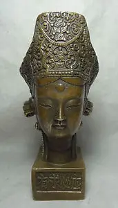 Chinese Bronze Responsive Buddhism Joss Kwan-yin bodhisattva Goddess Head Statue bronze craft Copper sculpture home decoration