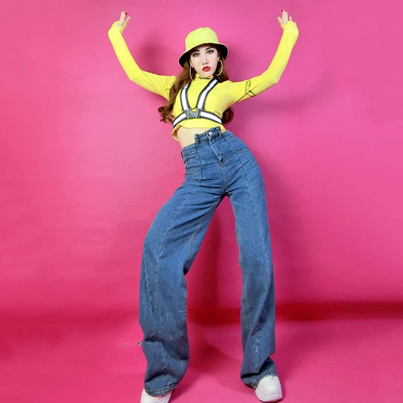 Женский джинсовый костюм в стиле хип хоп одежда для выступлений на сцене певиц