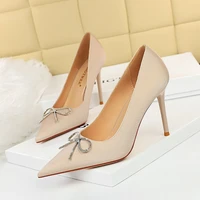 fashion sweet bowknot slip on women shoes soft leather shallow pointed office shoes women pumps autumn fashion high heels shoes