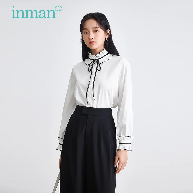 

INMAN Autumn Spring Female's Top Sweet Romantic Stand Collar Color Constrast Bow-Knot Tether Design White Women's Blouse