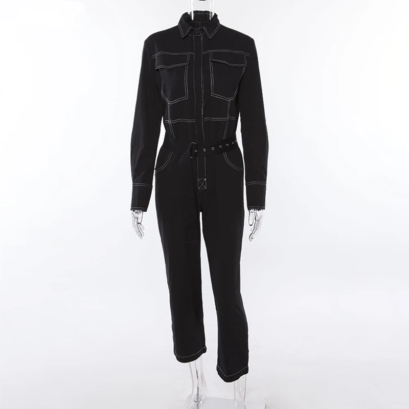 Комбинезон женский с поясом, Ромпер-карго с длинным рукавом, повседневный комбинированный, с карманами, белый, черный, осень от AliExpress RU&CIS NEW