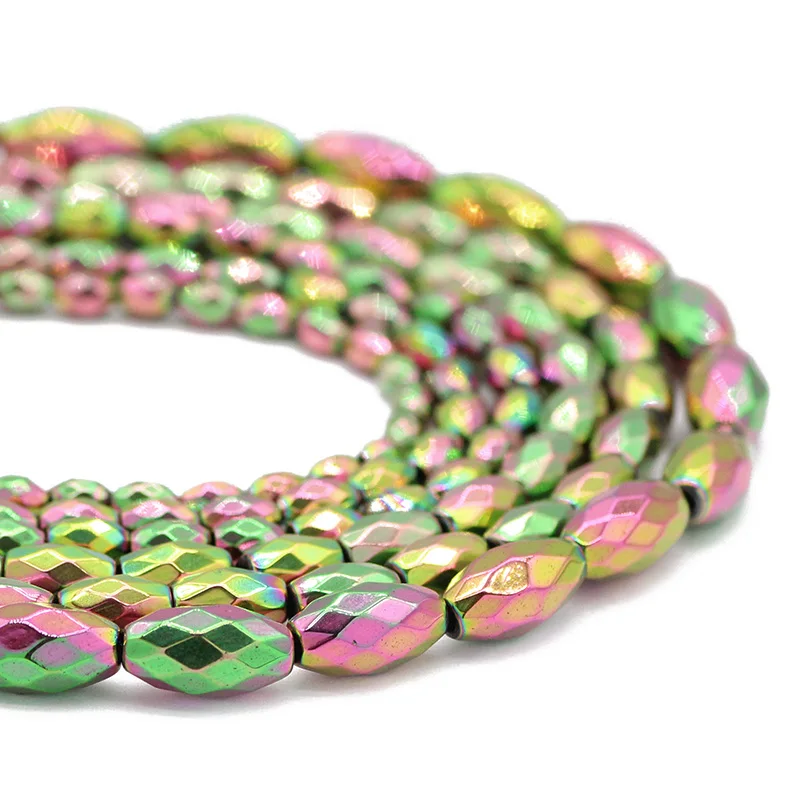 

3/4/6MM Hematite Natural Stone New Green Faceted Rice Grains Oval Spacer Loose Beads For Jewelry Making DIY Bracelet Accessories