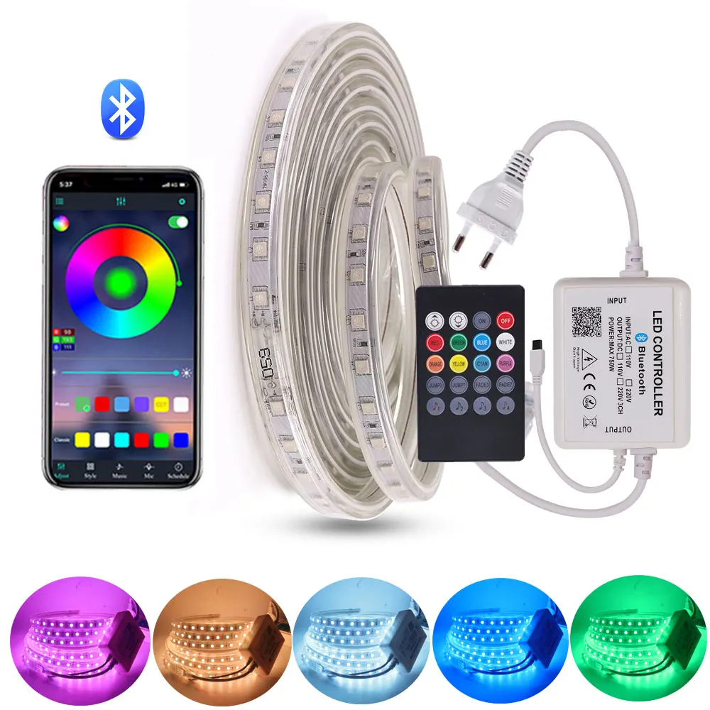 RGB Светодиодная лента 220 В 5050 SMD IP67 водонепроницаемая светодиодная лента + Bluetooth музыкальный контроллер 60 светодиодов/м Светодиодная лента бе...