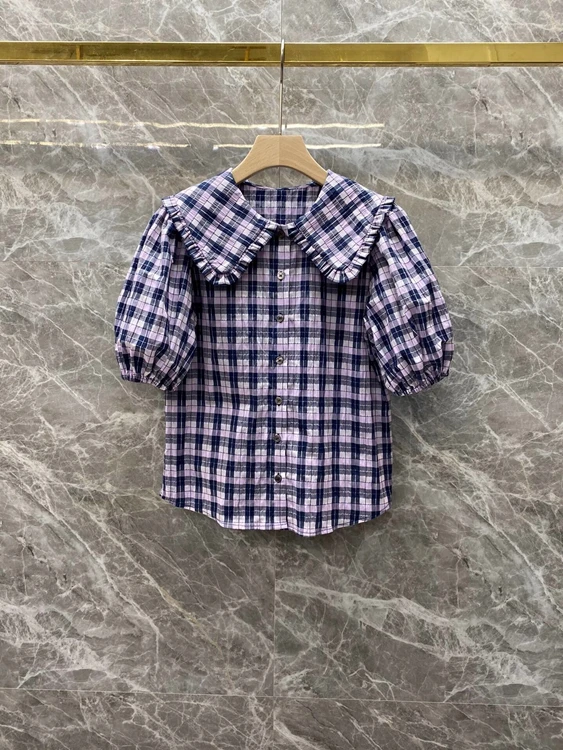 

2021 new women fashion big lapel plaid decoration bubble short sleeve button all-match shirt shirt 430