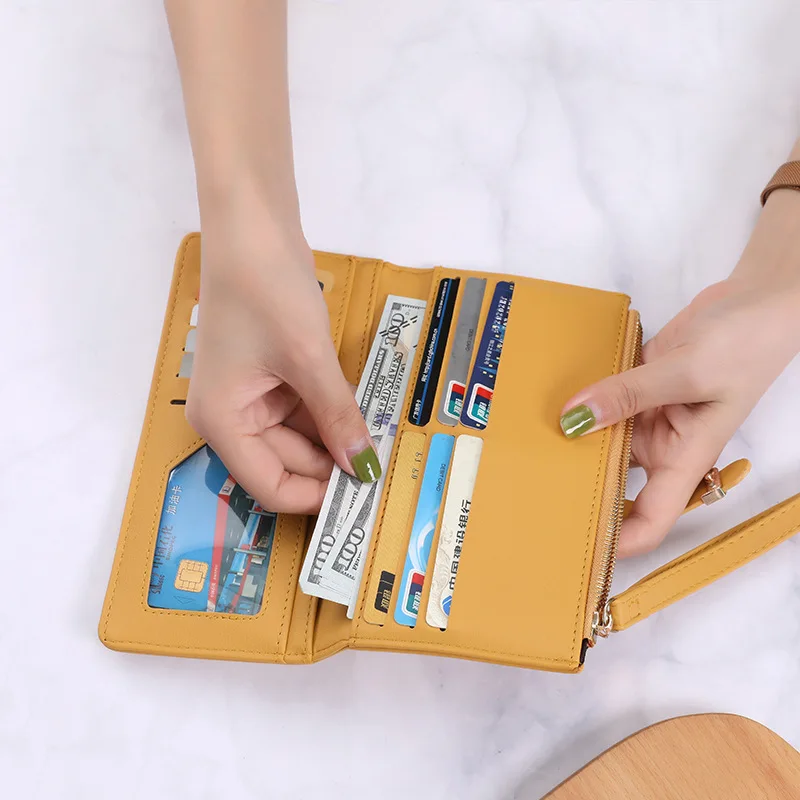 

Длинный складной кошелек желтого цвета женский кошелек из кожи квадратные маленькие держатели для карт с гладкой поверхностью дешевые жен...