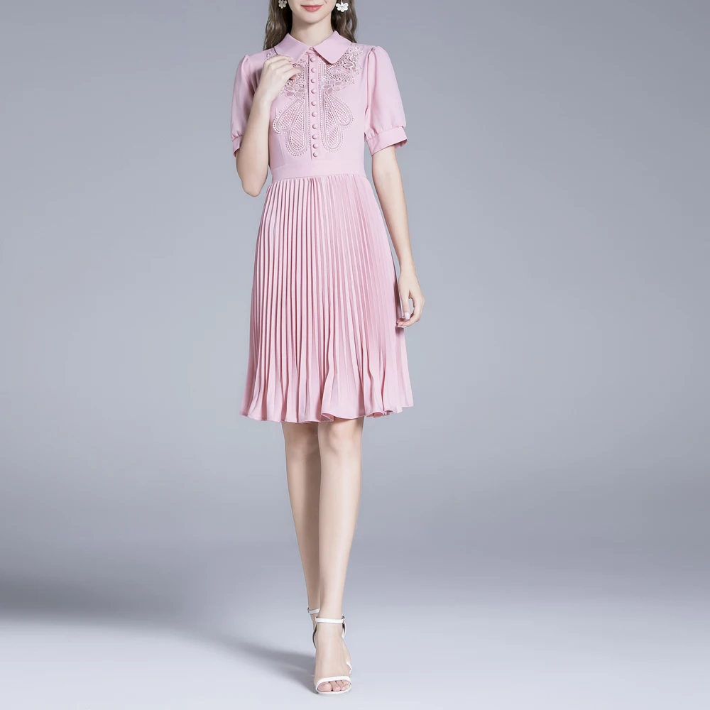 Платья для летней вечеринки 2021 года с винтажным элегантным воротником Питера Пэна, вышивкой кружева, пустотелой высокой талией и плиссированной юбкой