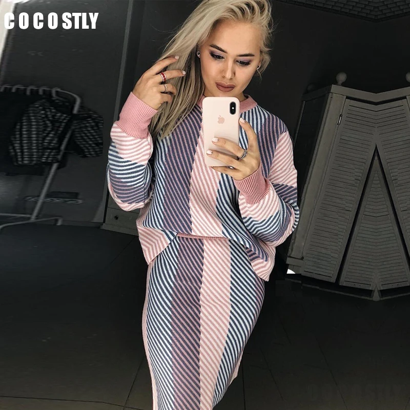 

2 Pieces Set Women Skirt Sets Autumn Lantern Sleeve Colorful Striped Wool Sweater Skirt Suits Female Knitted Sets Outfits