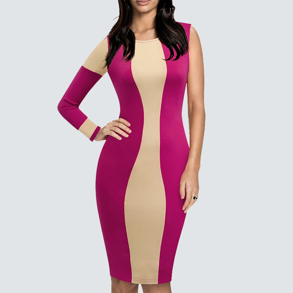 Women Bar Club Round Neck One Shoulder Hit Color Sexy Bodycon Knee Length Dress 1H779