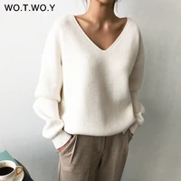 wotwoy v neck knitted oversized sweaters women autumn winter long sleeve basic sweater women white casual loose pullovers female