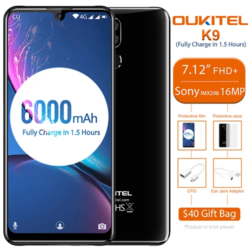 Black OUKITEL K9 мобильного телефона 6000 мА/ч, Батарея 4 Гб 64 Гб 7,1" FHD+ безрамочный экран капли воды Дисплей 5 V/6A Quick Charge 16MP/8MP Face ID смартфон - Цвет: Black