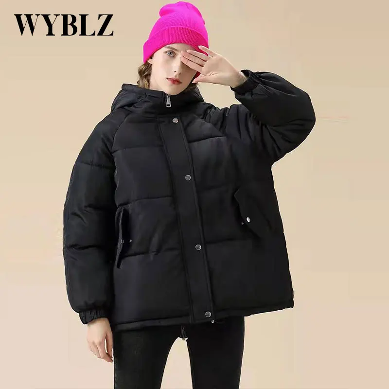 WYBLZ Loose Padded Hooded Coat Female Elegant Casual Solid Thicken Short Cotton Jacket Korean Winter Jackets for Women 2021