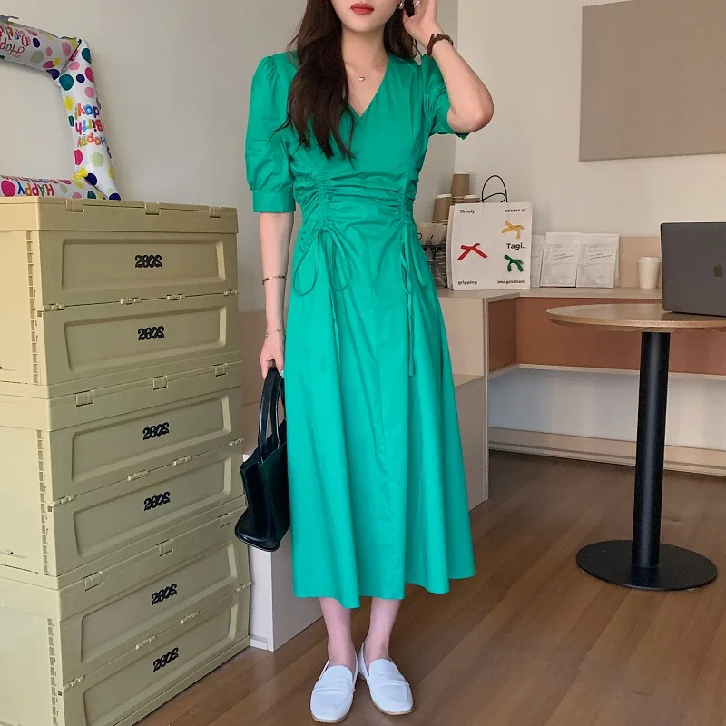 

ZCSMLL Korean temperament V-neck tie drawstring solid color vestido waist slimming puff sleeve mid-length dress women