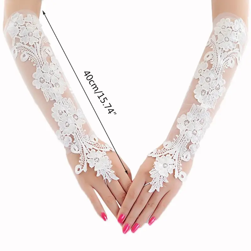 

Sweet Embroidery Floral Lace Long Gloves Sheer Mesh Wedding Bridal Prom Mittens