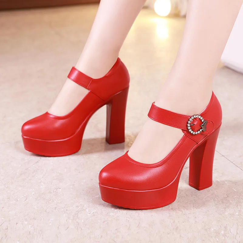 

Туфли-лодочки женские на платформе и толстой подошве, с кристаллами, красные, белые, свадебные туфли, Офисная модель на блочном высоком кабл...