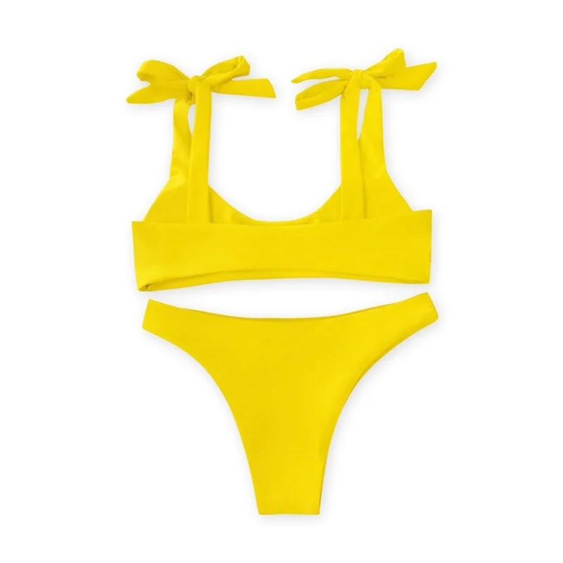 

2021 New Split Swimsuit Solid Color Shoulder Lace-up Sexy Bikini Women's Swimwear 2 Piece Sets Wire Free Polyester