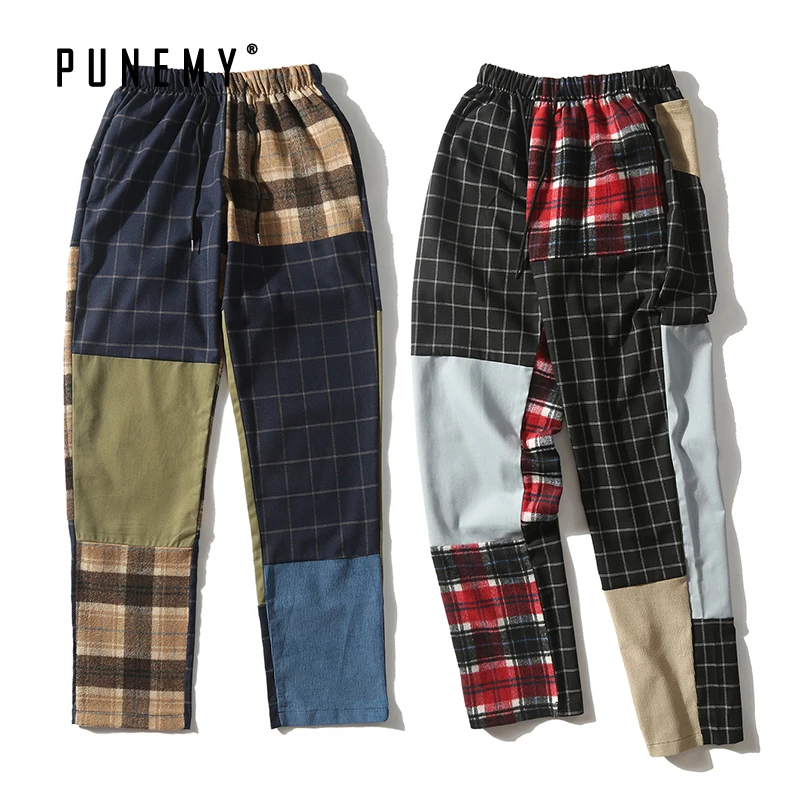 Мужские повседневные штаны в стиле пэчворк клетку винтажном Harajuku Японская