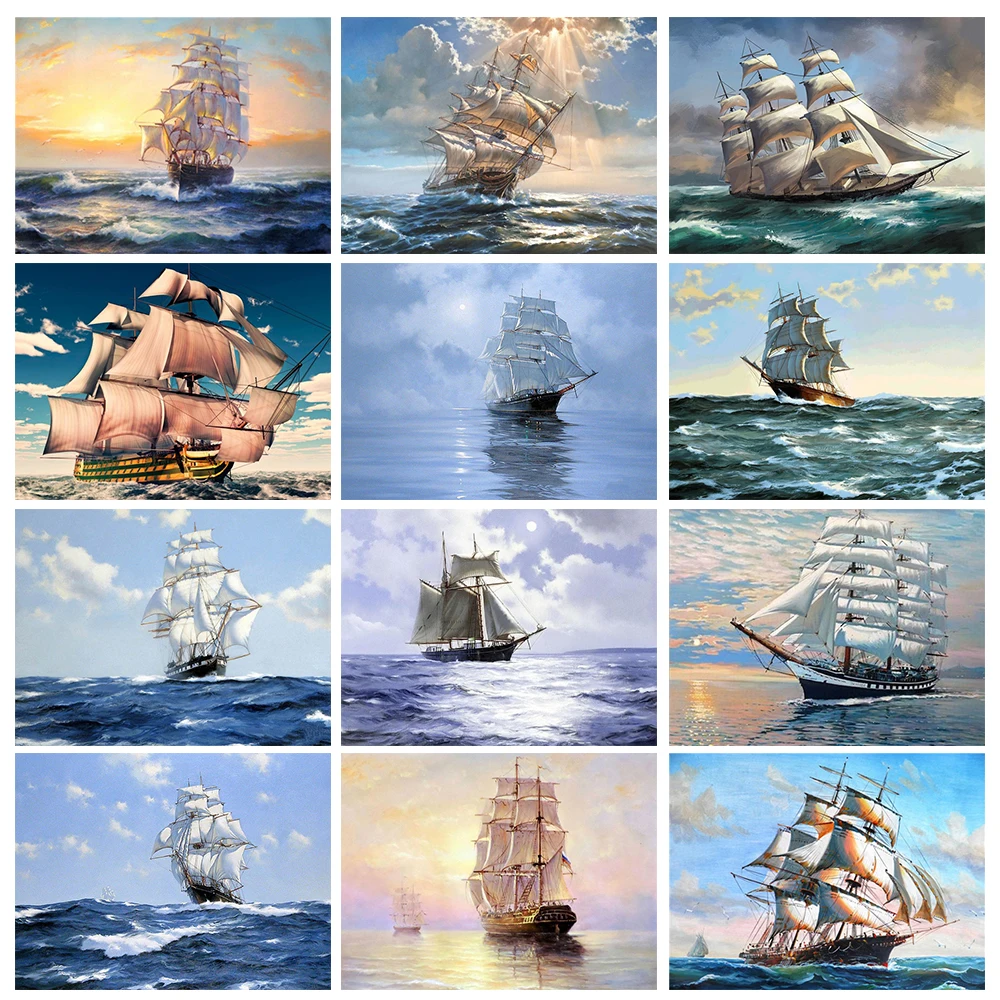 

5D алмазная живопись «сделай сам», парусная лодка, полноразмерная круглая Алмазная мозаика, Набор для вышивки крестиком, искусство ручной ра...