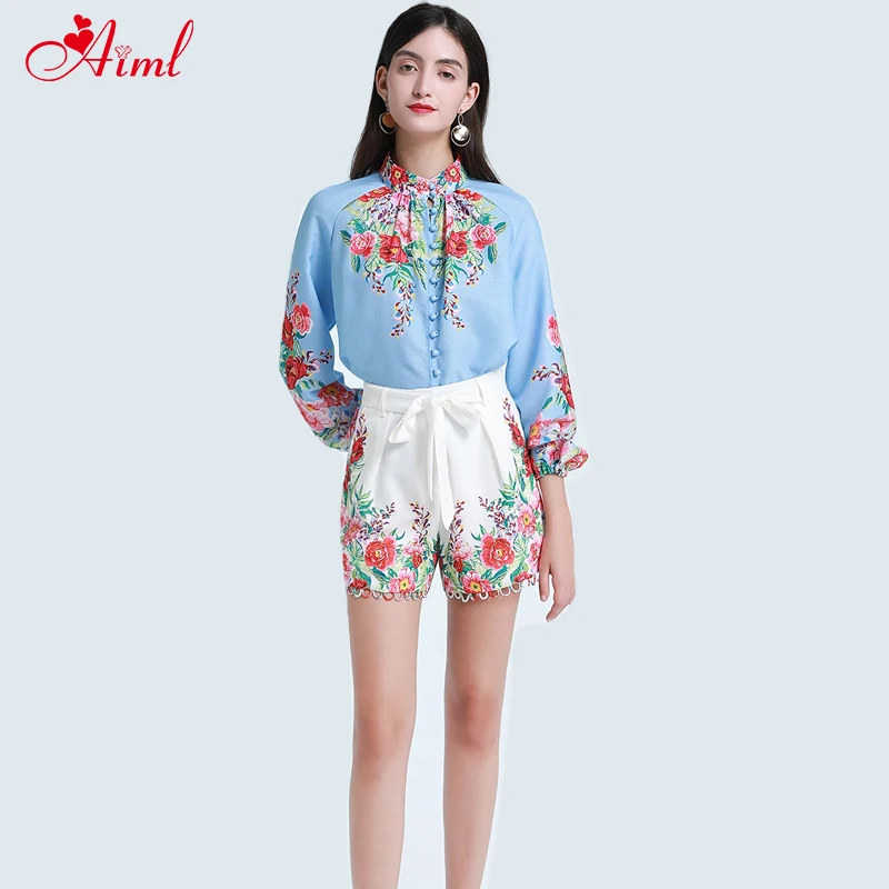 

Fashion 2020 Designer Summer Set Female Lantern Sleeve Button Elegant Printing Tops+ Blue Print Belt Shorts Two-Piece Suit New