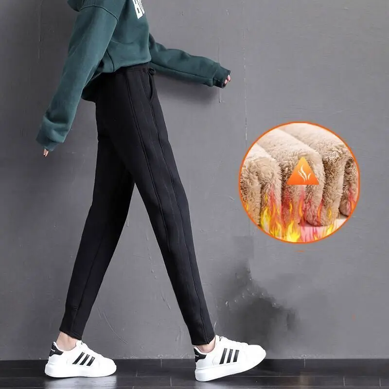 

Women 2021 Autumn Winter New Lambskin Cashmere Sports Pants Female High Waist Warm Loose Trousers Ladies Casual Harem Pants E490