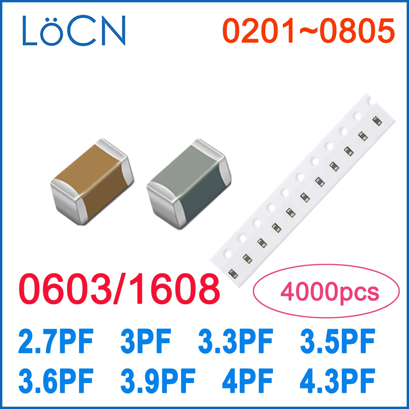 

4000PCS 0603 1608 COG/NPO 2.7PF 3PF 3.3PF 3.5PF 3.6PF 3.9PF 4PF 4.3PF RoHS 50V 0.25% 0.5% Capacitor High Quality