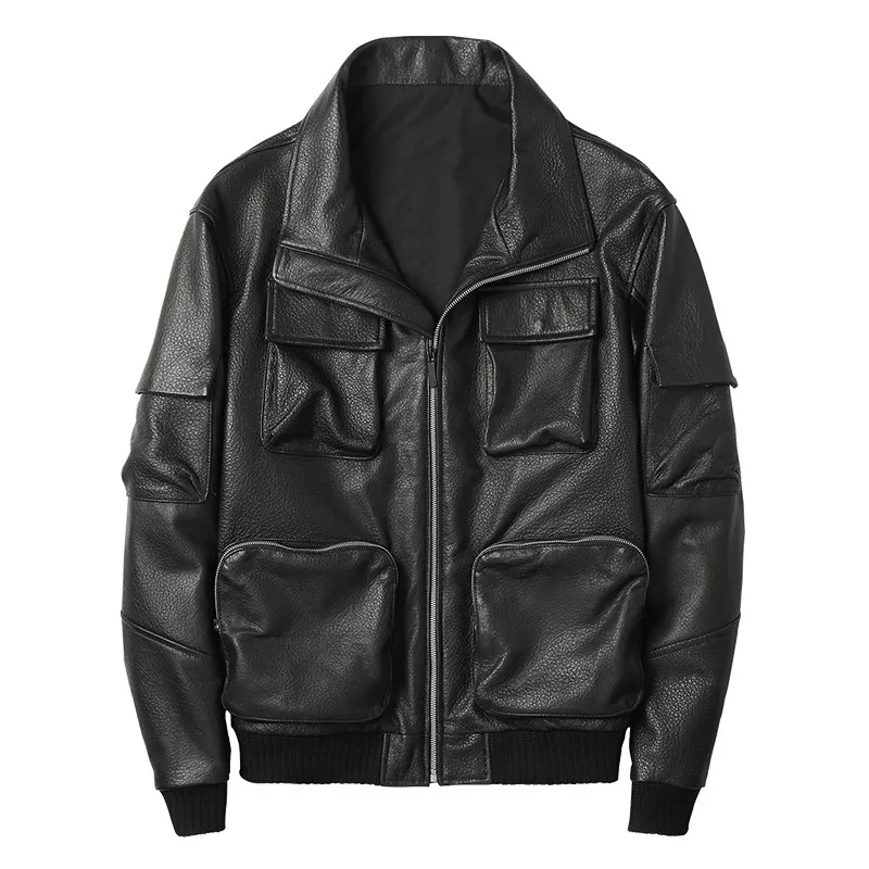 

Vintage Mens High Quality Sheepskin Real Leather Bomber Jacket Pockets Cargo Coat Moto Biker Autumn Windproof Loose Fit Jackets