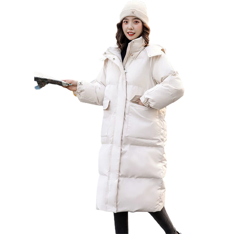 WYBLZ Women's Cotton Jacket Long Down Winter Parka Women Black White Cotton Coat Female Korean Loose Hooded Overcoat Jackets New