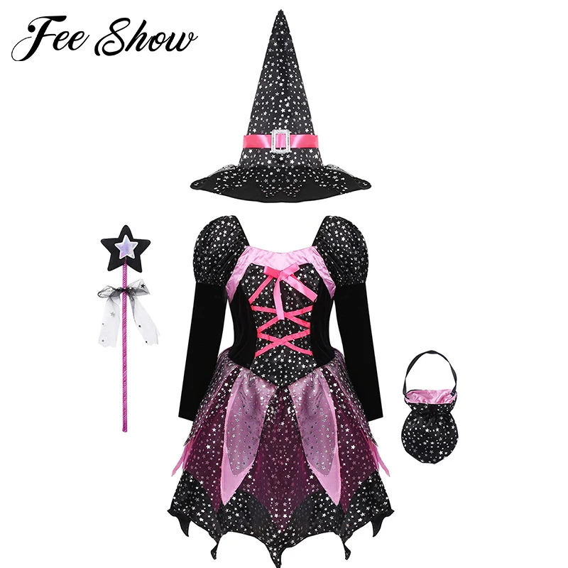 

Костюм ведьмы на Хэллоуин для девочек, блестящий карнавальный костюм с серебряными звездами и остроконечной шляпой, платье с жезлом