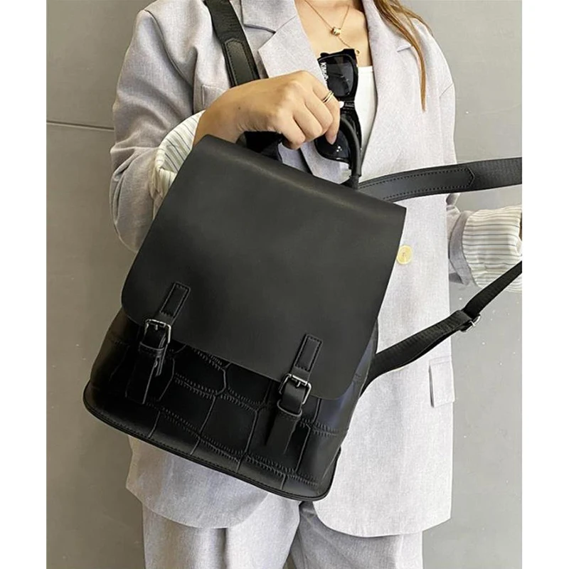 

Backpack Women 2021 New Leather Color Matching Cowhide Handbags European And American Retro Simple Shoulder Ladies Backpack