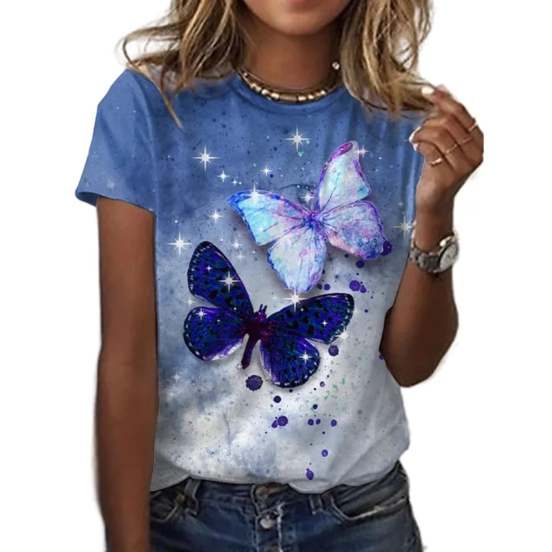 

Blue Butterfly Pattern Casual Women's Cloth Women's T-shirt Color Short-sleeved Top Women's Summer New Style