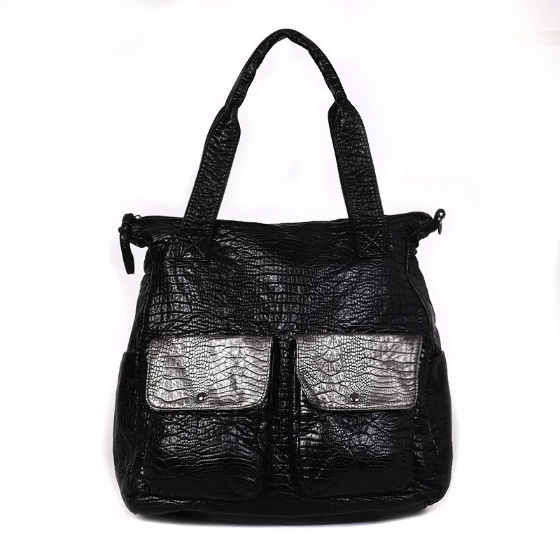 Женская сумка из мягкой кожи Большая вместительная черная крокодиловая