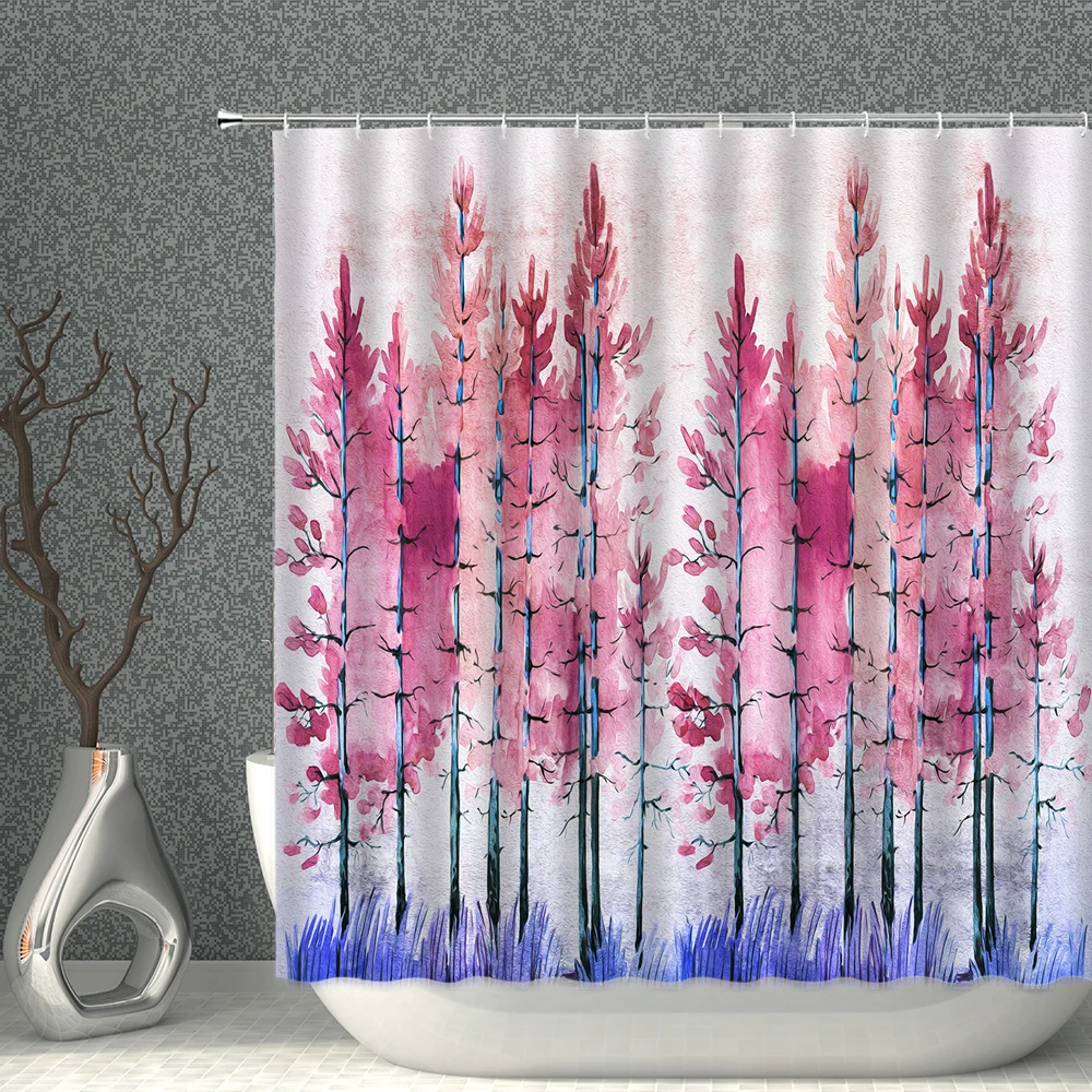

Water Color Woods Shower Curtains Landscape Ocean Sailing Ink Painting Autumn Golden Leaves Bathroom Polyester Waterproof Cloth