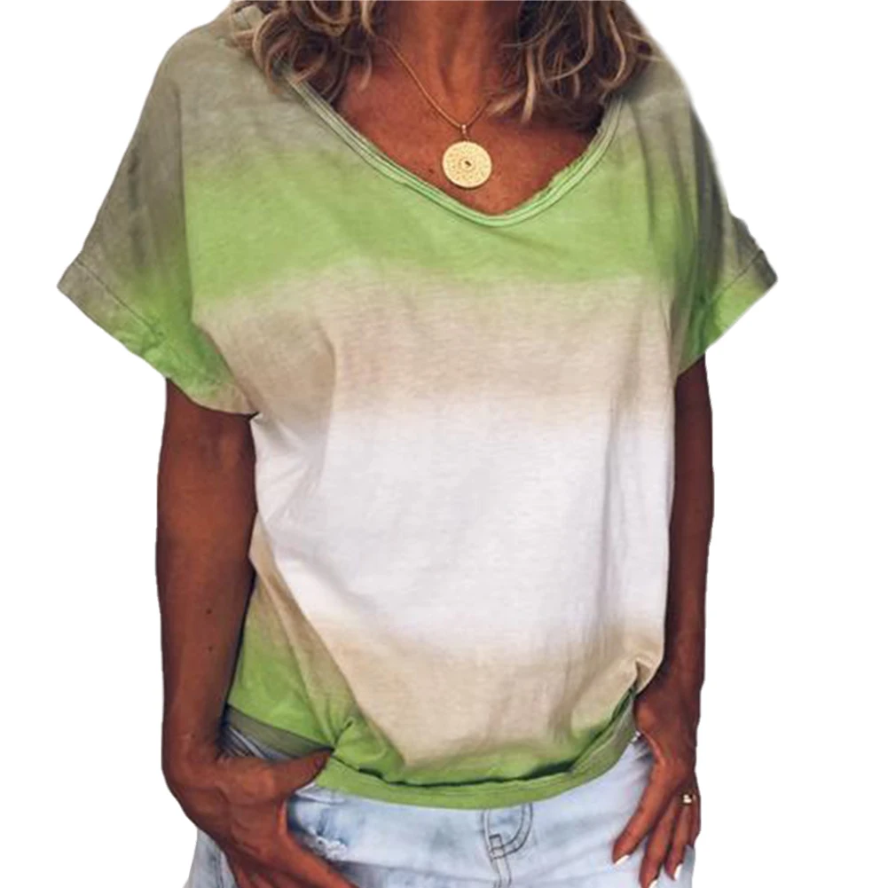 

Womens Casual Cozy Loose T-Shirts V-Neck Color Gradient Short Sleeve Pullover Tops Fashion Soft Top Clothes
