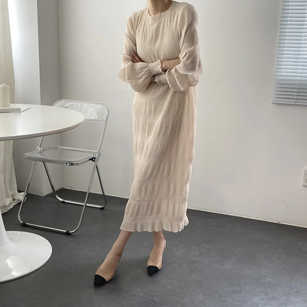 

Japanese Korean Version 2021 Women's Dress Summer Fashion Casual Loose Chiffon Lantern Sleeve Round Neck Solid Color