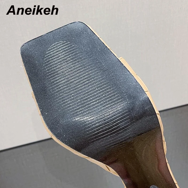 

Aneikeh Shallow Plaid Sexy Outdoor Slippers Summer Women's Shoes PU Square Toe Mules Strange Style Solid Fashion Party 2021 NEW