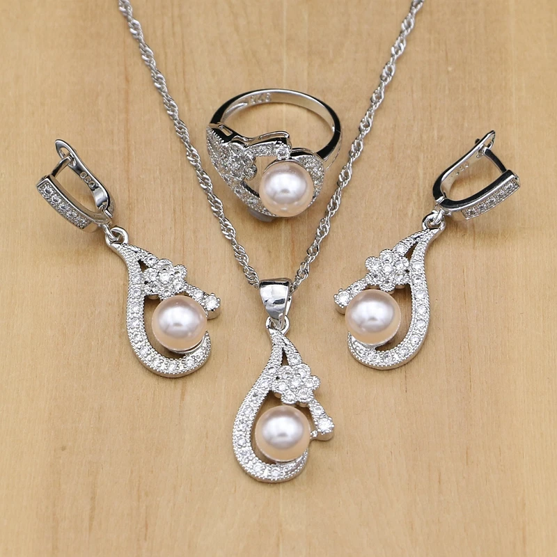 

Pink Pearl White Flower 925 Silver Bridal Jewelry Sets For Women Wedding Pendant Drop Earrings Rings Necklace Set
