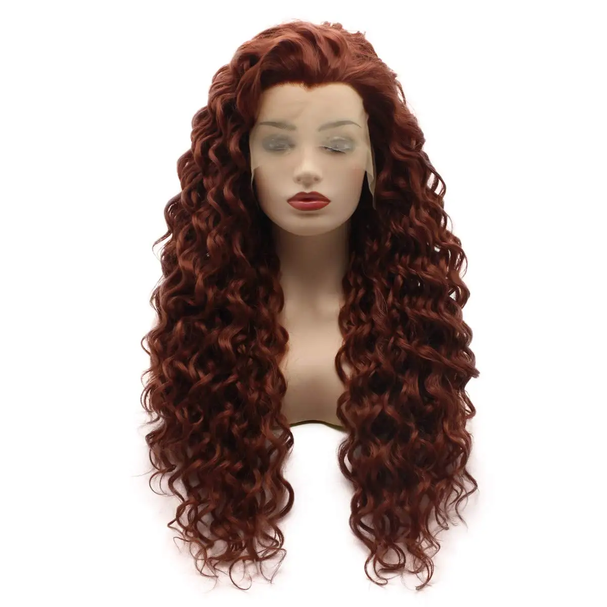 

Jeelion Hair Curly Long 26inch Burgundy Red Half Hand Tied Realistic Synthetic Lace Front Wigs