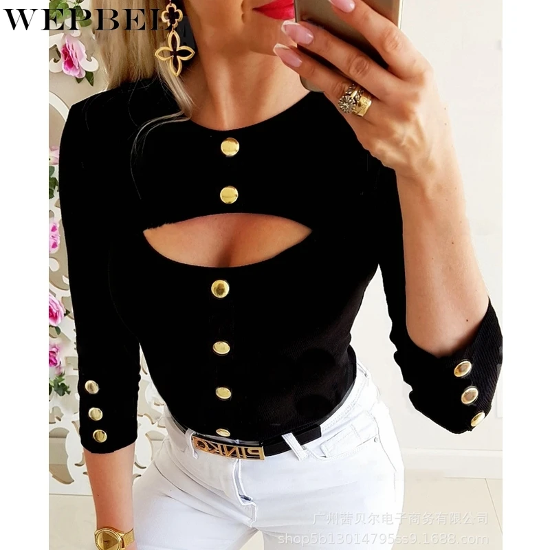 

WEPBEL T-shirt Women's Fashion Slim Single-Breasted Hollow Out T-shirt Top Autumn Sexy Solid Color Long Sleeve O-Neck T-shirt