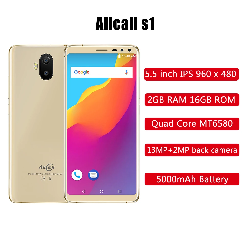 AllCall S1 смартфон с 5 дюймовым дисплеем четырёхъядерным процессором MT6580 ОЗУ 2 Гб ПЗУ
