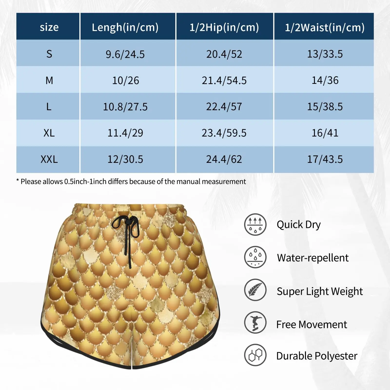 

Gold Mermaid Scales Swim Shorts Women Beach Shorts Gold Multicolor Rainbow Mermaid Glitter Metal Pattern Sparkly Cute