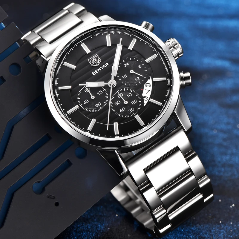 Часы мужские Reloj Hombre BENYAR часы Мужские кварцевые Хронограф Спортивные часы лучший бренд Модные кожаные мужские часы