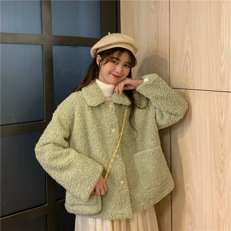 

Solid Color Big Pocket Plush Warm Soft Button Jacket Autumn Winter Lapel Cute Female Plush Outerwear Coat New White Green Coats