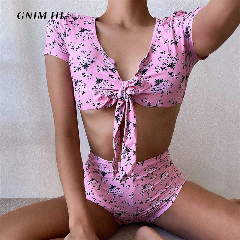 

Винтажный купальник GNIM с цветочным принтом, женское бикини с коротким рукавом и бантом, Женский бразильский купальник 2020 года с высокой тал...